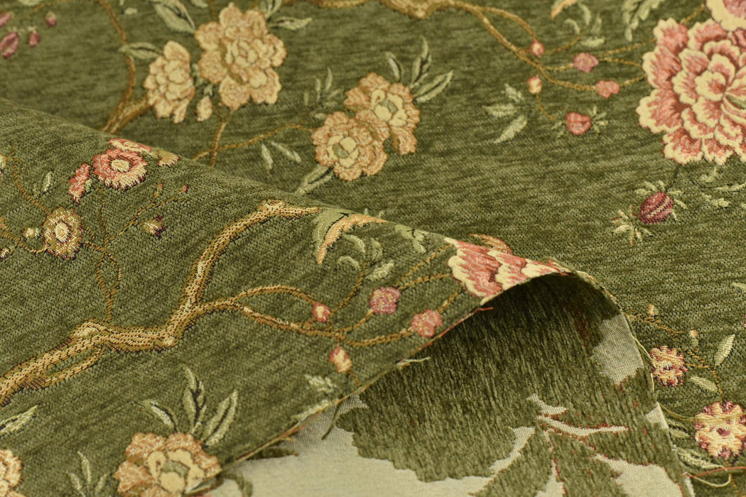 Heavy Weight Mid Century Modern Green and Pink Bird Floral Chenille Upholstery Fabric For Chair|Botanical Animal Flower Furniture Fabric
