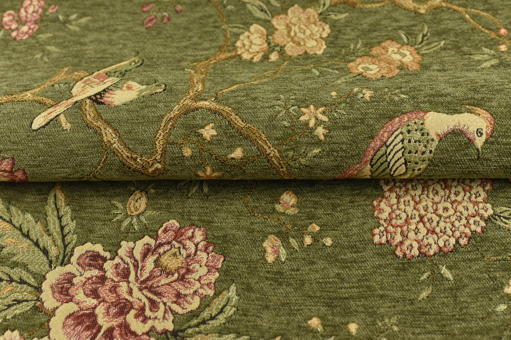 Heavy Weight Mid Century Modern Green and Pink Bird Floral Chenille Upholstery Fabric For Chair|Botanical Animal Flower Furniture Fabric