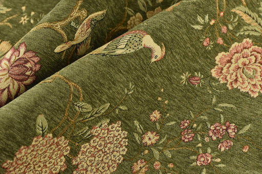 Heavy Weight Mid Century Modern Green and Pink Bird Floral Chenille Upholstery Fabric For Chair|Botanical Animal Flower Furniture Fabric