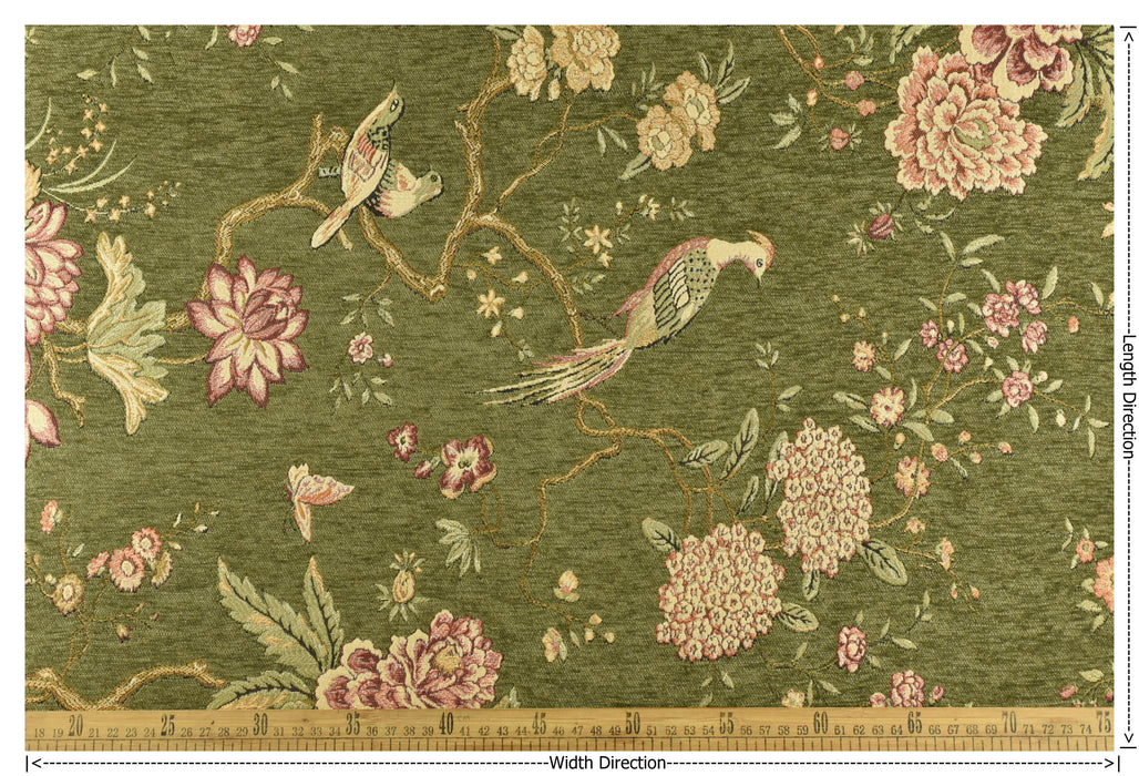 Heavy Weight Mid Century Modern Green and Pink Bird Floral Chenille Upholstery Fabric For Chair|Botanical Animal Flower Furniture Fabric