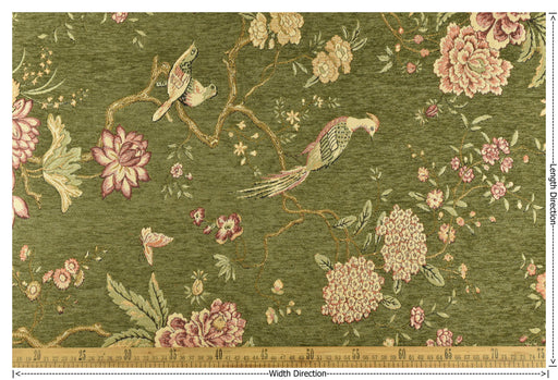 Heavy Weight Mid Century Modern Green and Pink Bird Floral Chenille Upholstery Fabric For Chair|Botanical Animal Flower Furniture Fabric