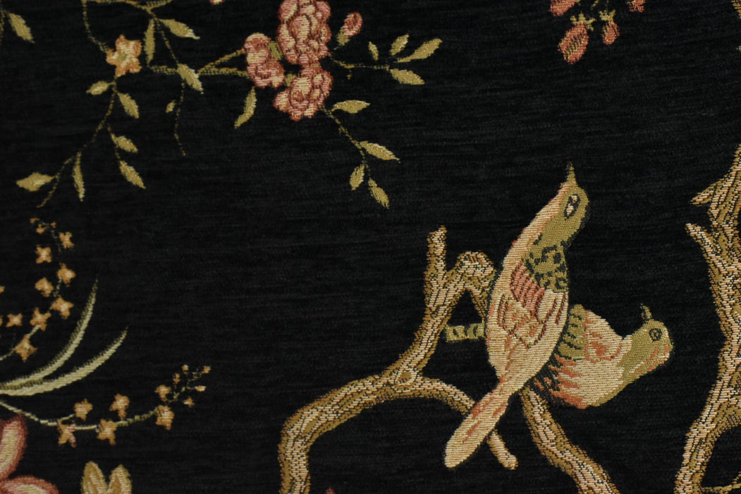 Heavy Weight Mid Century Modern Black Pink Green Bird Floral Chenille Upholstery Fabric For Chair|Botanical Animal Flower Furniture Fabric