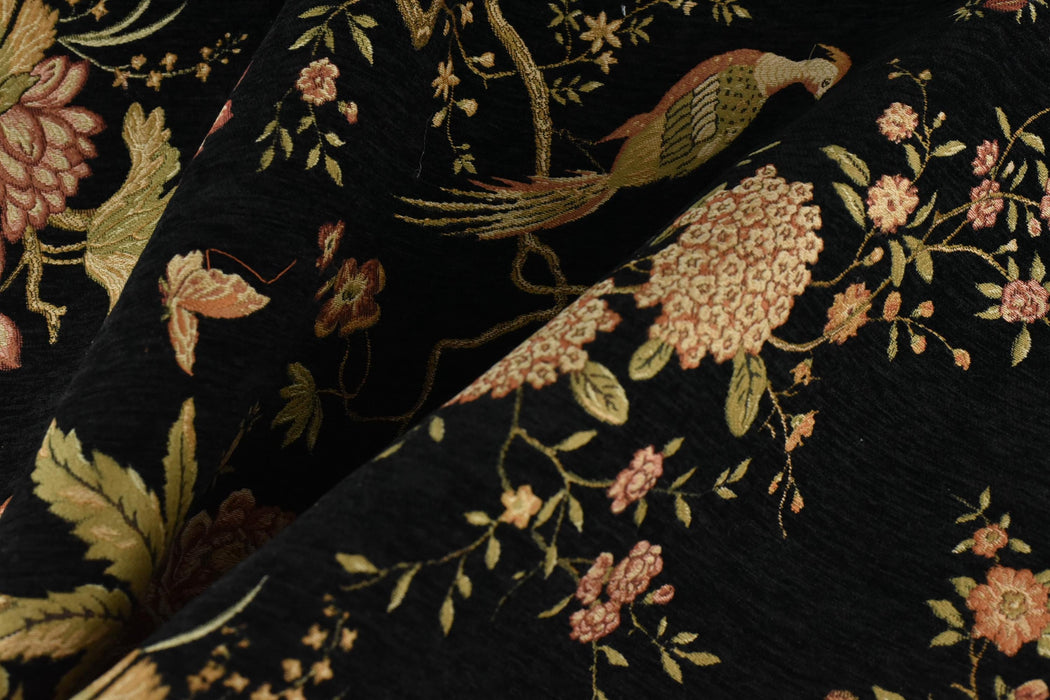 Heavy Weight Mid Century Modern Black Pink Green Bird Floral Chenille Upholstery Fabric For Chair|Botanical Animal Flower Furniture Fabric