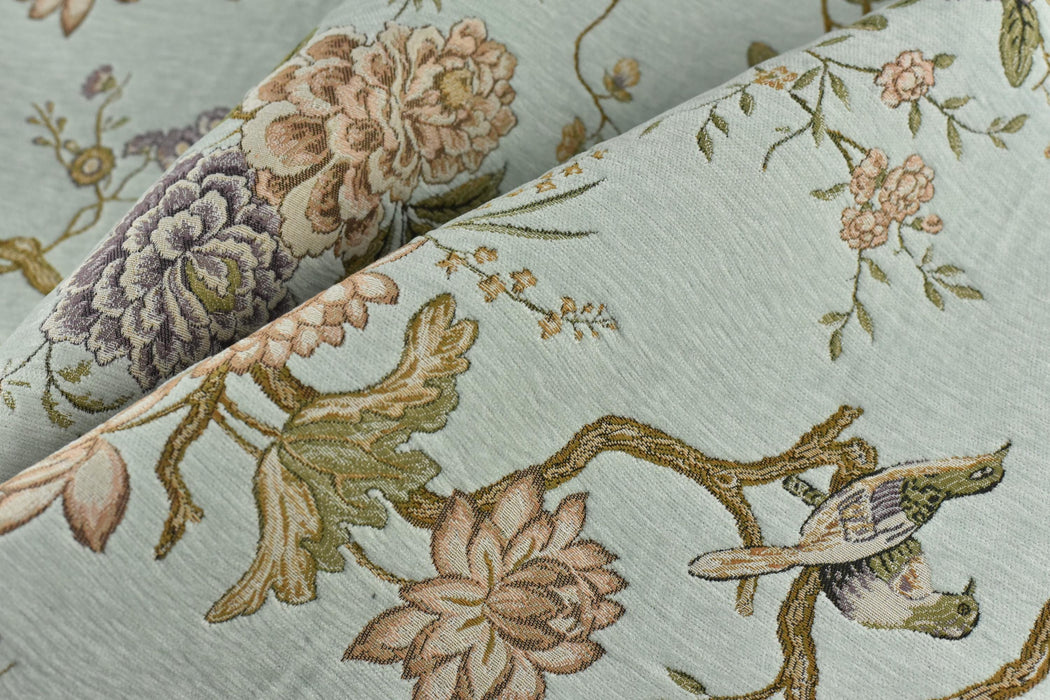 Heavy Weight Mid Century Modern Pale Blue Pink Green Bird Floral Chenille Upholstery Fabric For Chair|Botanical Animal Flower Decor Fabric