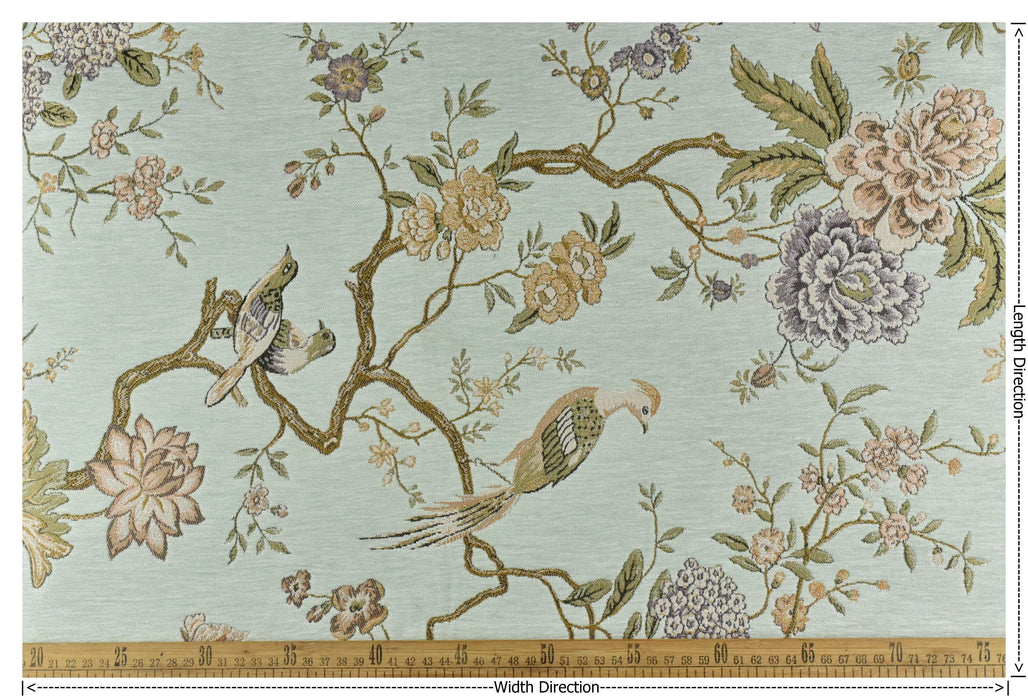 Heavy Weight Mid Century Modern Pale Blue Pink Green Bird Floral Chenille Upholstery Fabric For Chair|Botanical Animal Flower Decor Fabric