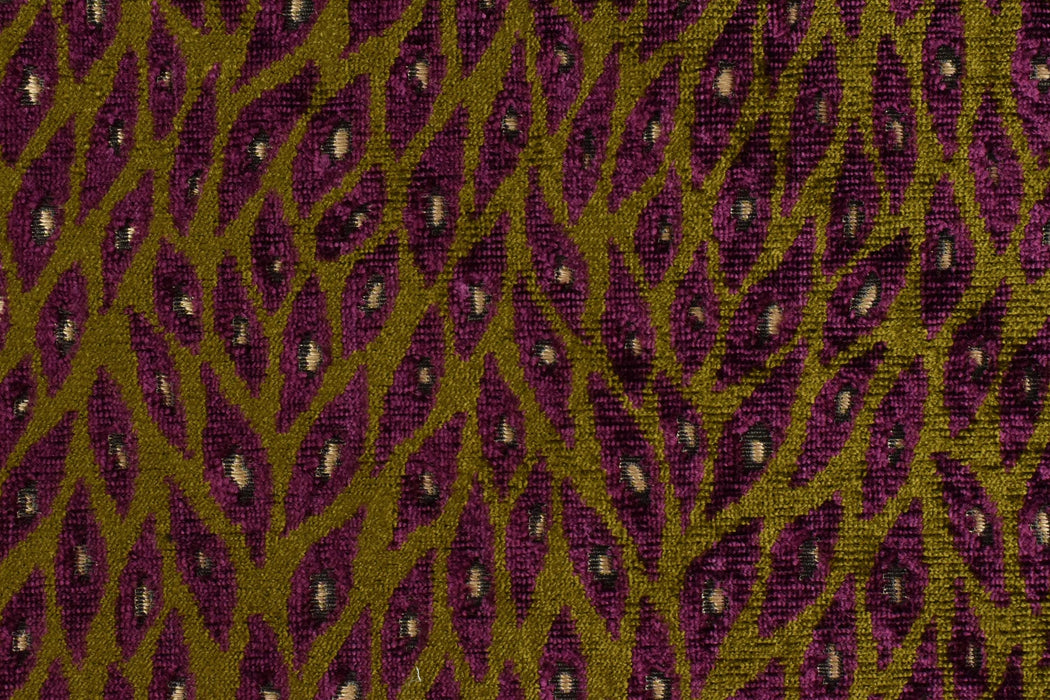 Designer Heavy Weight Burgundy and Olive Green Peacock Feather Pattern Cut Velvet Upholstery Fabric For Chair|Geometric Animal Skin Fabric