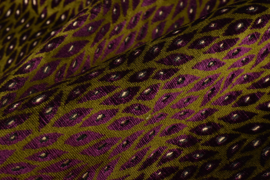 Designer Heavy Weight Burgundy and Olive Green Peacock Feather Pattern Cut Velvet Upholstery Fabric For Chair|Geometric Animal Skin Fabric