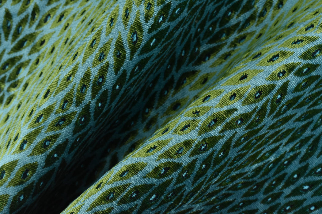 Designer Heavy Weight Blue and Green Peacock Feather Pattern Cut Velvet Upholstery Fabric For Chair|Vintage Animal Skin Geometric Fabric
