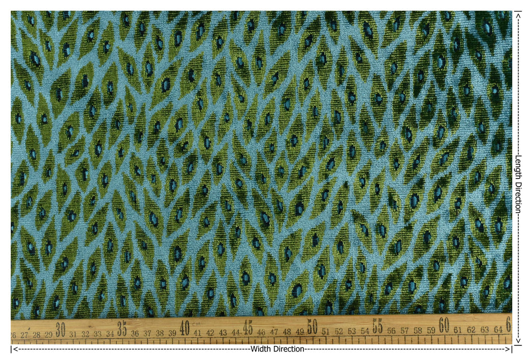 Designer Heavy Weight Blue and Green Peacock Feather Pattern Cut Velvet Upholstery Fabric For Chair|Vintage Animal Skin Geometric Fabric