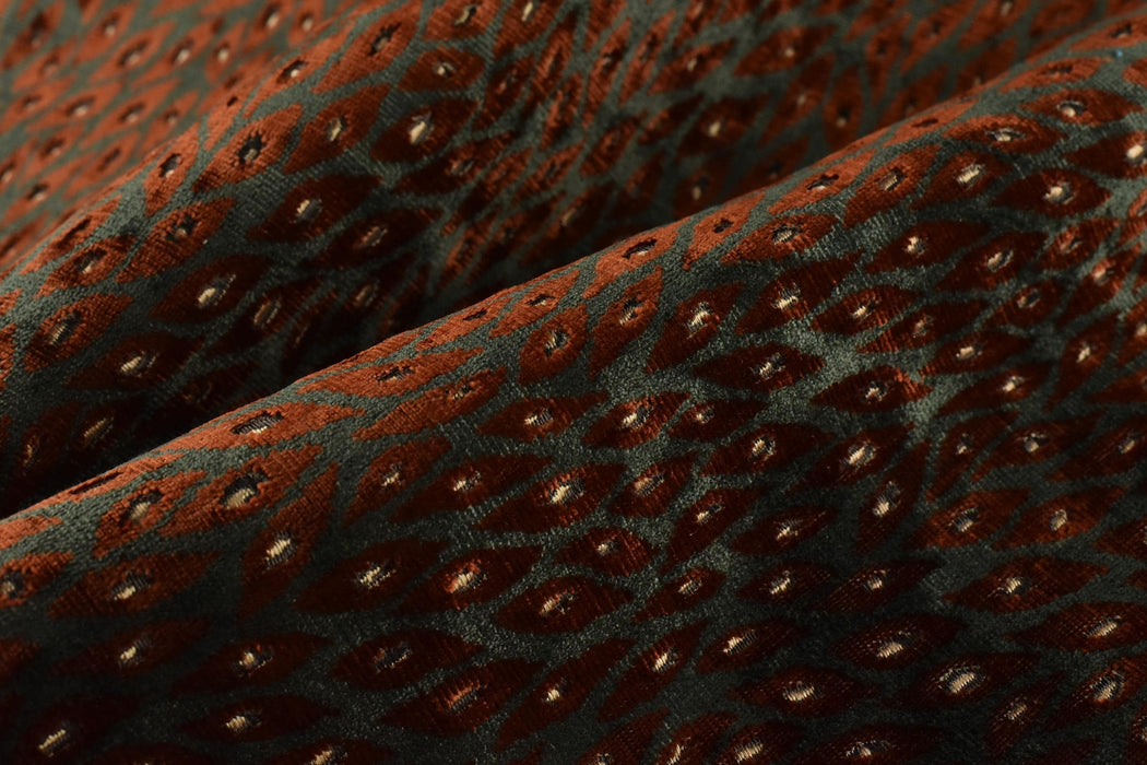 Designer Heavy Weight Red and Bronze Green Peacock Feather Pattern Cut Velvet Upholstery Fabric For Chair|Retro Animal Skin Geometric Fabric