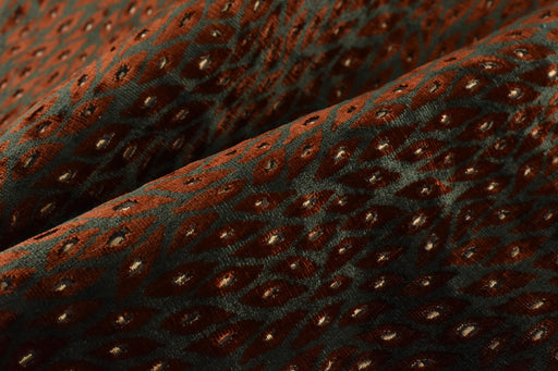 Designer Heavy Weight Red and Bronze Green Peacock Feather Pattern Cut Velvet Upholstery Fabric For Chair|Retro Animal Skin Geometric Fabric