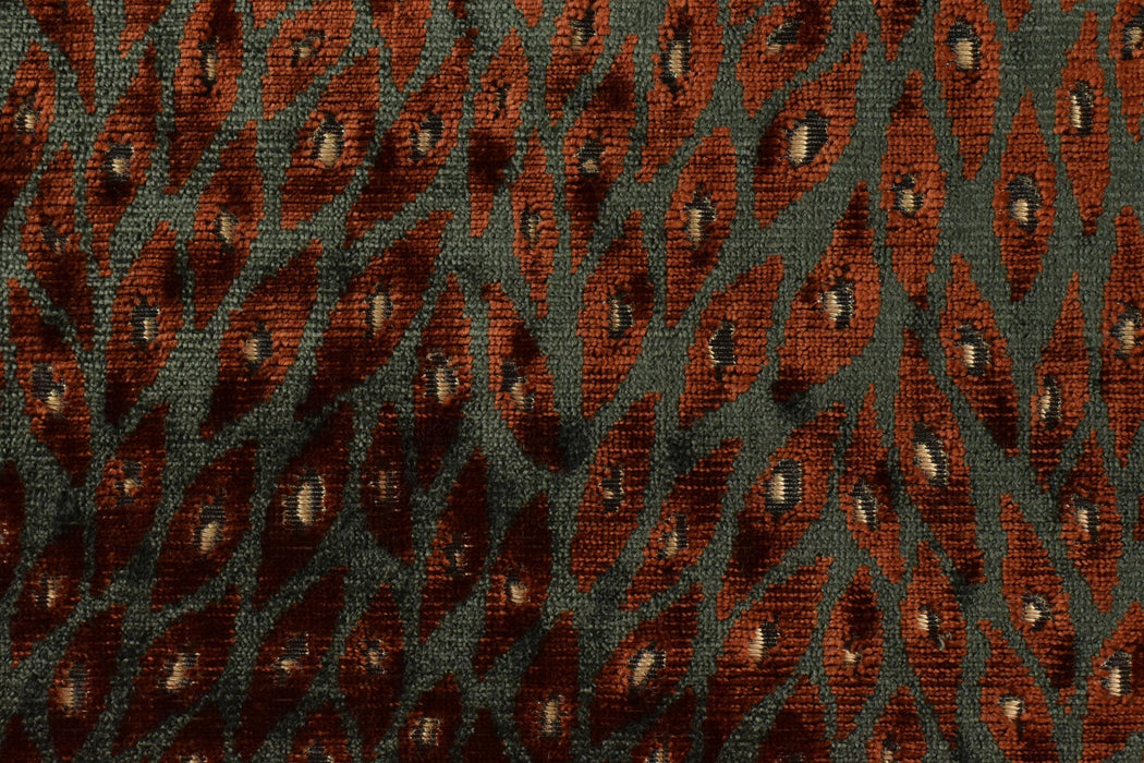 Designer Heavy Weight Red and Bronze Green Peacock Feather Pattern Cut Velvet Upholstery Fabric For Chair|Retro Animal Skin Geometric Fabric