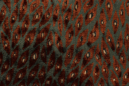 Designer Heavy Weight Red and Bronze Green Peacock Feather Pattern Cut Velvet Upholstery Fabric For Chair|Retro Animal Skin Geometric Fabric