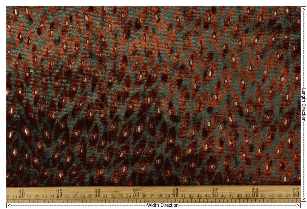 Designer Heavy Weight Red and Bronze Green Peacock Feather Pattern Cut Velvet Upholstery Fabric For Chair|Retro Animal Skin Geometric Fabric