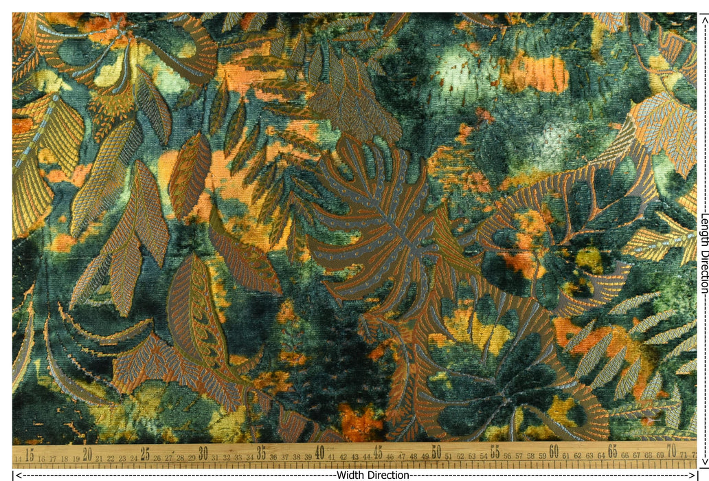 Heavy Weight Multi-Colored Tropical Botanical Leaf Raised Cut Velvet Upholstery Fabric For Chair|Blue Green Vintage Colorful Tropical Fabric