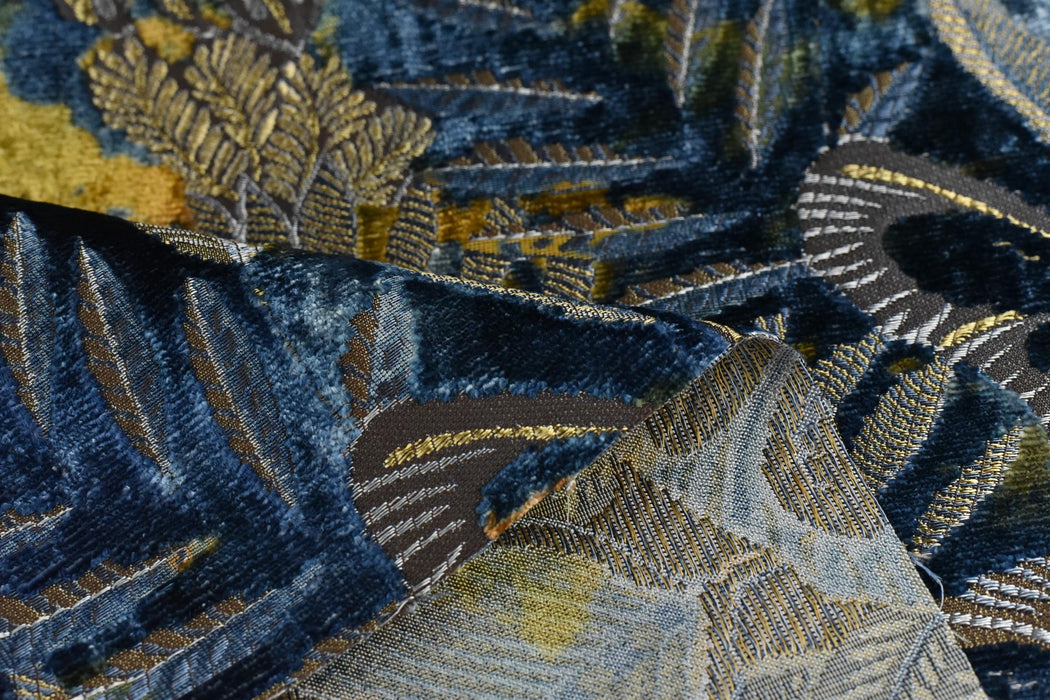 Heavy Weight Blue Green Gold Tropical Botanical Leaf Raised Cut Velvet Upholstery Fabric For Chair|Vintage Colorful Tropical Floral Fabric