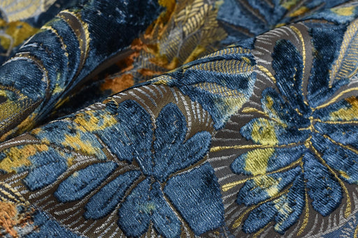 Heavy Weight Blue Green Gold Tropical Botanical Leaf Raised Cut Velvet Upholstery Fabric For Chair|Vintage Colorful Tropical Floral Fabric