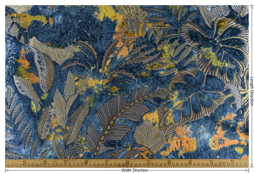 Heavy Weight Blue Green Gold Tropical Botanical Leaf Raised Cut Velvet Upholstery Fabric For Chair|Vintage Colorful Tropical Floral Fabric
