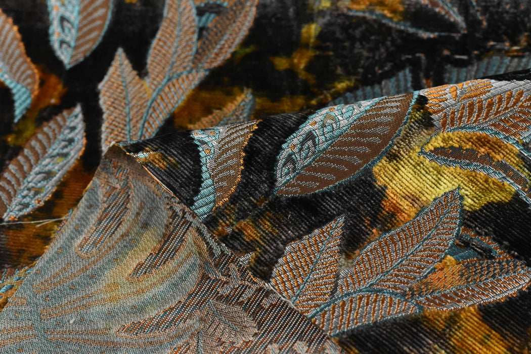 Heavy Weight Blue Gold Charcoal Tropical Botanical Leaf Cut Velvet Upholstery Fabric For Chair|Designer Vintage Colorful Tropical Fabric