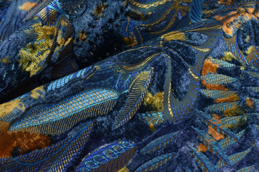 Heavy Weight Royal Blue Green Gold Tropical Botanical Leaf Cut Velvet Upholstery Fabric For Chair|Designer Vintage Colorful Tropical Fabric