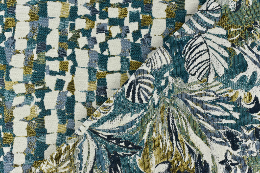 Heavy Weight Blue and Green Tropical Upholsetry Fabric|Botanical Floral Jacquard Fabric|Abstract Geometric Furniture Fabric for Chairs