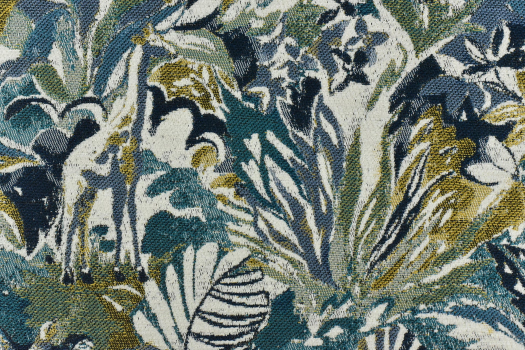 Heavy Weight Blue and Green Tropical Upholsetry Fabric|Botanical Floral Jacquard Fabric|Abstract Geometric Furniture Fabric for Chairs