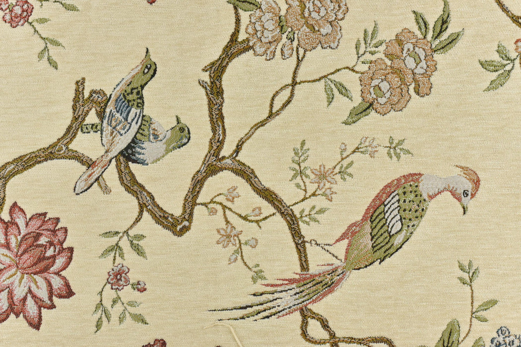 Heavy Weight Mid Century Modern Red Blue and Green Bird Floral Chenille Upholstery Fabric For Chair|Botanical Animal Flower Furniture Fabric