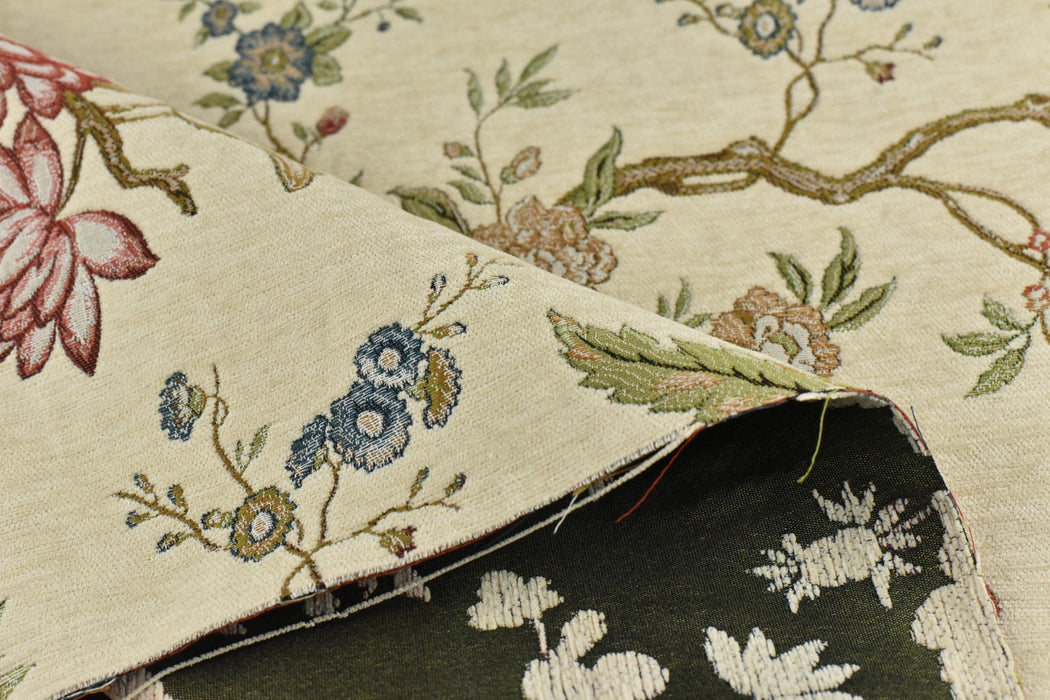 Heavy Weight Mid Century Modern Red Blue and Green Bird Floral Chenille Upholstery Fabric For Chair|Botanical Animal Flower Furniture Fabric