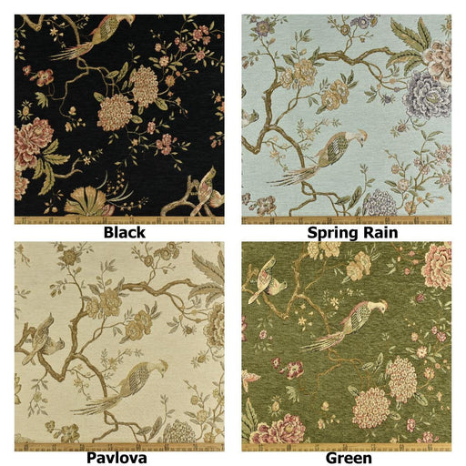 Heavy Weight Mid Century Modern Red Blue and Green Bird Floral Chenille Upholstery Fabric For Chair|Botanical Animal Flower Furniture Fabric