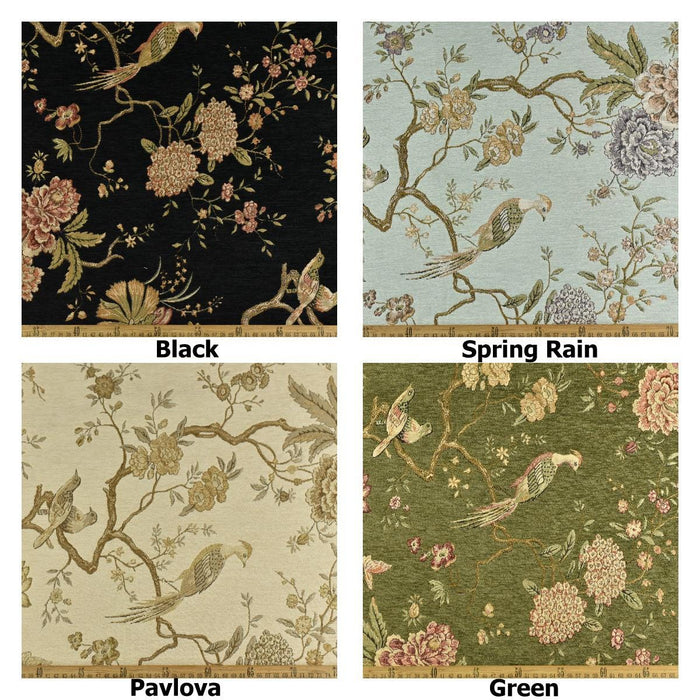 Heavy Weight Mid Century Modern Red Blue and Green Bird Floral Chenille Upholstery Fabric For Chair|Botanical Animal Flower Furniture Fabric