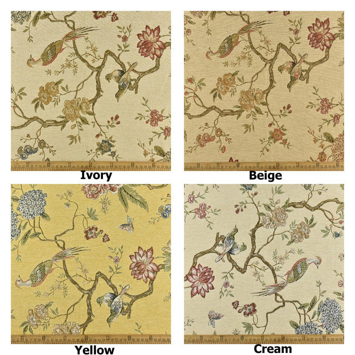 Heavy Weight Mid Century Modern Red Blue and Green Bird Floral Chenille Upholstery Fabric For Chair|Botanical Animal Flower Furniture Fabric