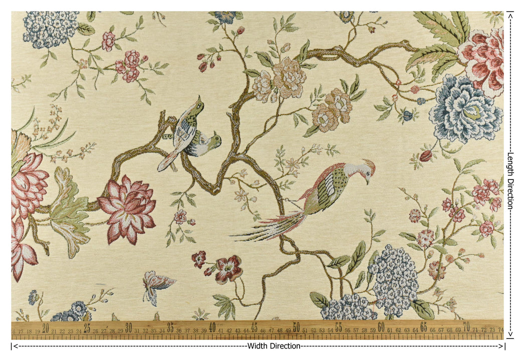 Heavy Weight Mid Century Modern Red Blue and Green Bird Floral Chenille Upholstery Fabric For Chair|Botanical Animal Flower Furniture Fabric