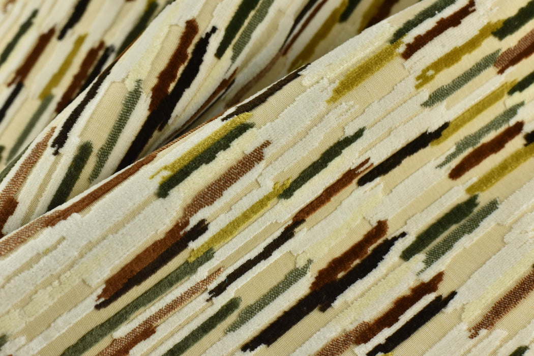 Heavyweight Multi-Colored Cut Velvet Upholstery Fabric|Modern Abstract Raised Stripe in Green Gold Brown White Furniture Fabric for Chairs