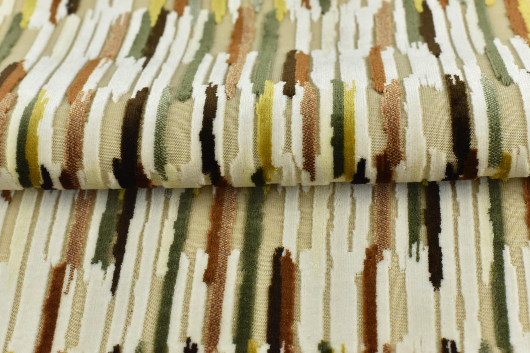 Heavyweight Multi-Colored Cut Velvet Upholstery Fabric|Modern Abstract Raised Stripe in Green Gold Brown White Furniture Fabric for Chairs