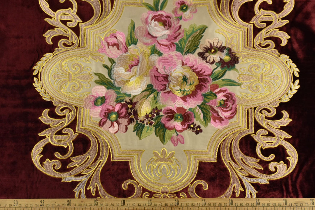 CLEARANCE SALE!Antique Pink Green Embroidered Floral on Red Cut Velvet Upholstery Fabric|Heavyweight Large Alabaster Rose Fabric for Chairs