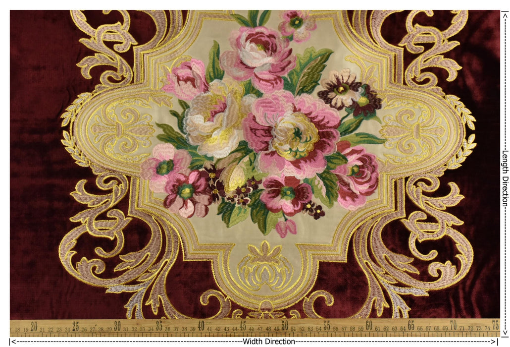 CLEARANCE SALE!Antique Pink Green Embroidered Floral on Red Cut Velvet Upholstery Fabric|Heavyweight Large Alabaster Rose Fabric for Chairs
