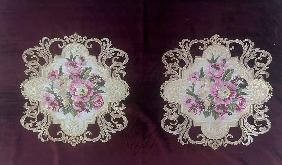 CLEARANCE SALE!Antique Pink Green Embroidered Floral on Red Cut Velvet Upholstery Fabric|Heavyweight Large Alabaster Rose Fabric for Chairs