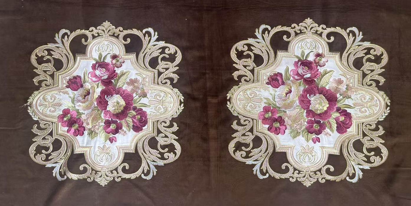 CLEARANCE SALE!Antique Red Green Embroidered Floral on Brown Cut Velvet Upholstery Fabric|Heavyweight Large Alabaster Rose Fabric for Chairs