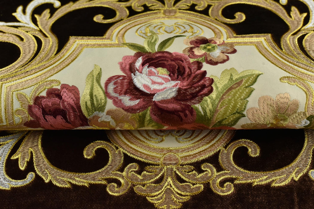 CLEARANCE SALE!Antique Red Green Embroidered Floral on Brown Cut Velvet Upholstery Fabric|Heavyweight Large Alabaster Rose Fabric for Chairs