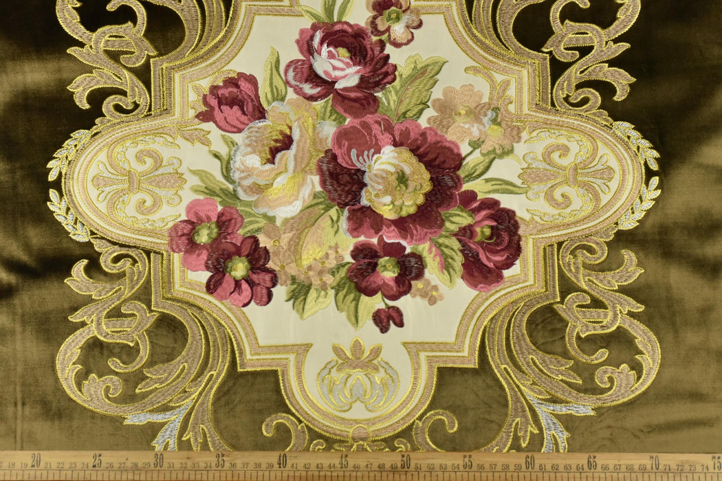 CLEARANCE SALE!Antique Red Gold Green Embroidered Floral on Olive Cut Velvet Upholstery Fabric|Heavy Large Alabaster Rose Fabric for Chairs