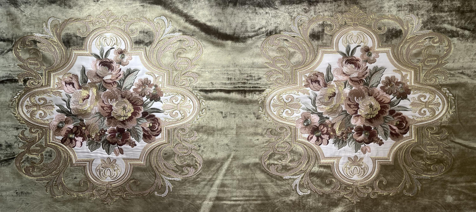 CLEARANCE SALE!Antique Red Gold Green Embroidered Floral on Olive Cut Velvet Upholstery Fabric|Heavy Large Alabaster Rose Fabric for Chairs