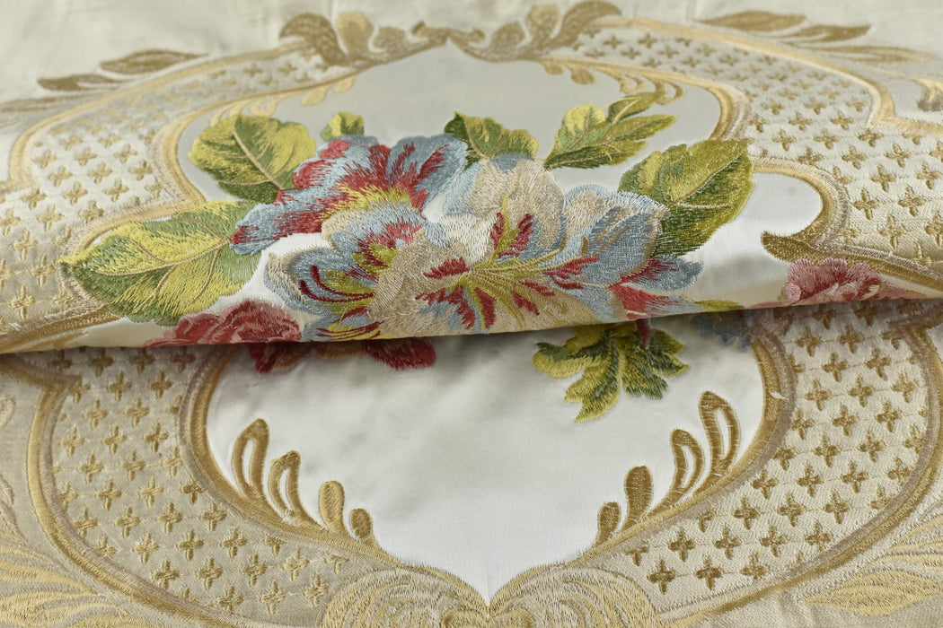 Clearance Sale!Heavy Weight Antique Pink Green Rose Floral Embroidered Cream Cut Velvet Fabric For Chair|Luxury Botanical Upholstery Fabric