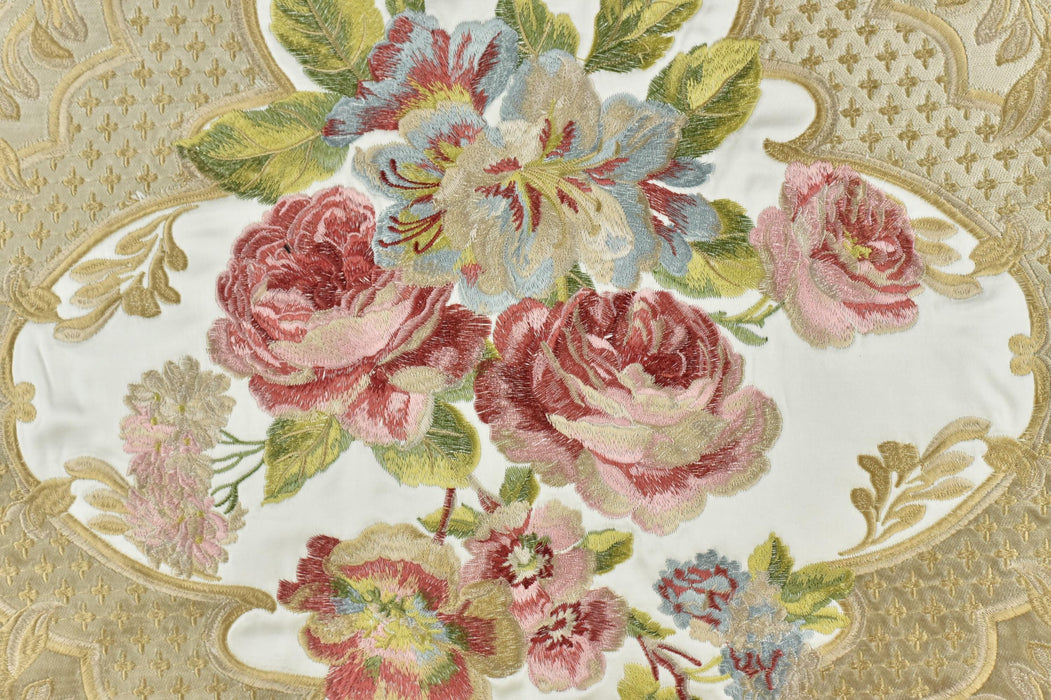 Clearance Sale!Heavy Weight Antique Pink Green Rose Floral Embroidered Cream Cut Velvet Fabric For Chair|Luxury Botanical Upholstery Fabric