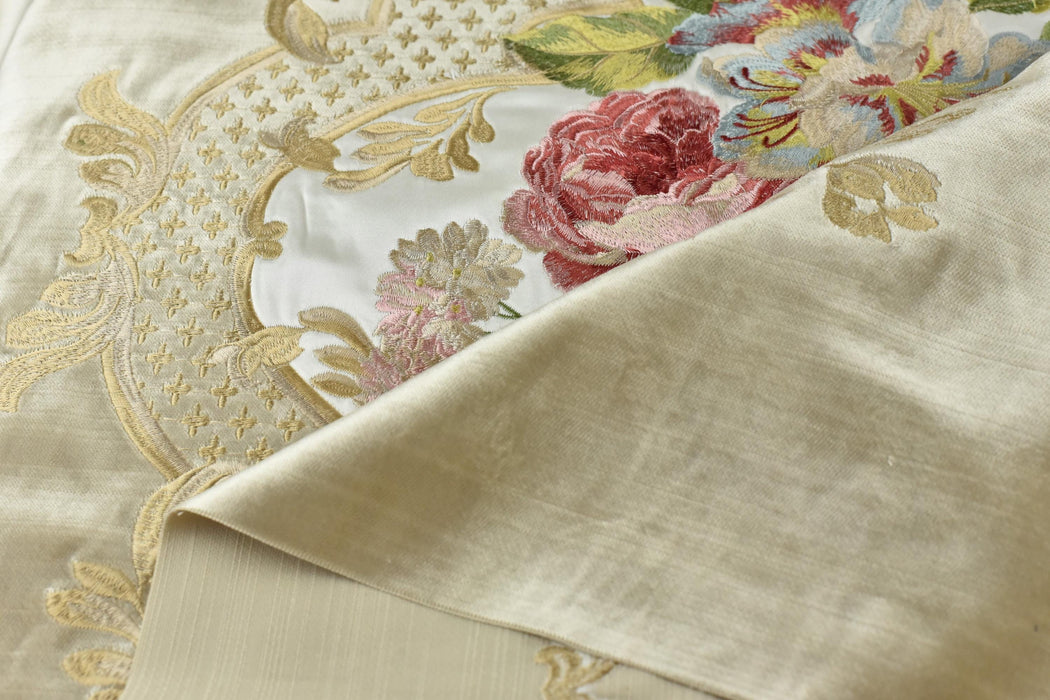 Clearance Sale!Heavy Weight Antique Pink Green Rose Floral Embroidered Cream Cut Velvet Fabric For Chair|Luxury Botanical Upholstery Fabric