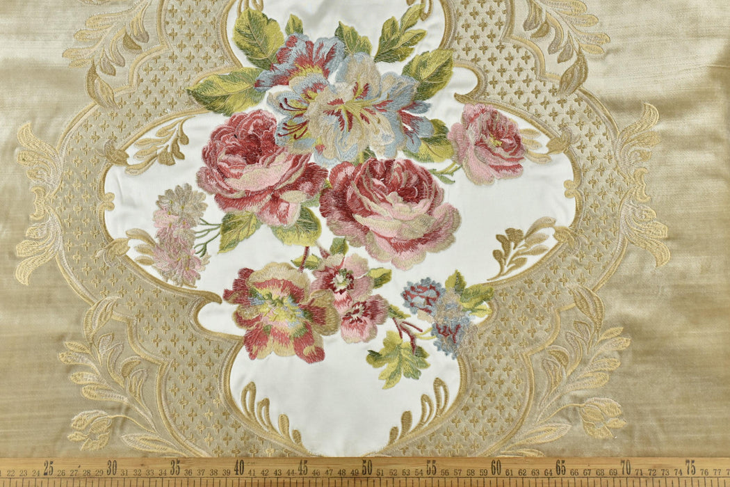 Clearance Sale!Heavy Weight Antique Pink Green Rose Floral Embroidered Cream Cut Velvet Fabric For Chair|Luxury Botanical Upholstery Fabric