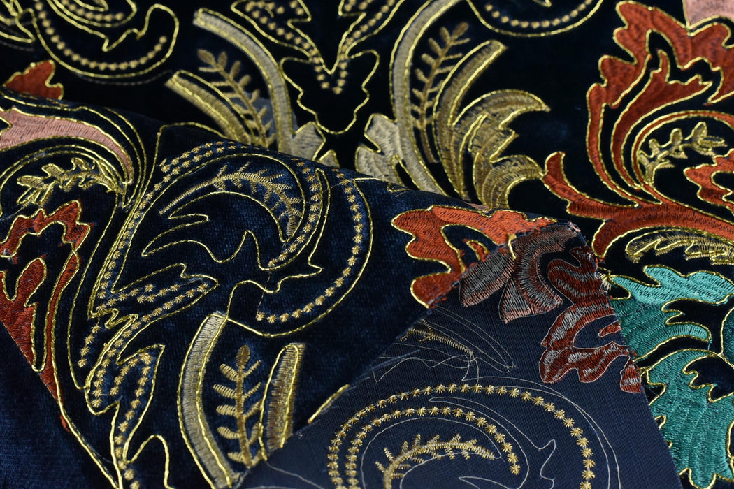 Clearance Sale!Heavy Weight Vintage Gold Rust Teal Damask Floral Embroidered Navy Cut Velvet Upholstery Fabric|Luxury Fabric For Furniture