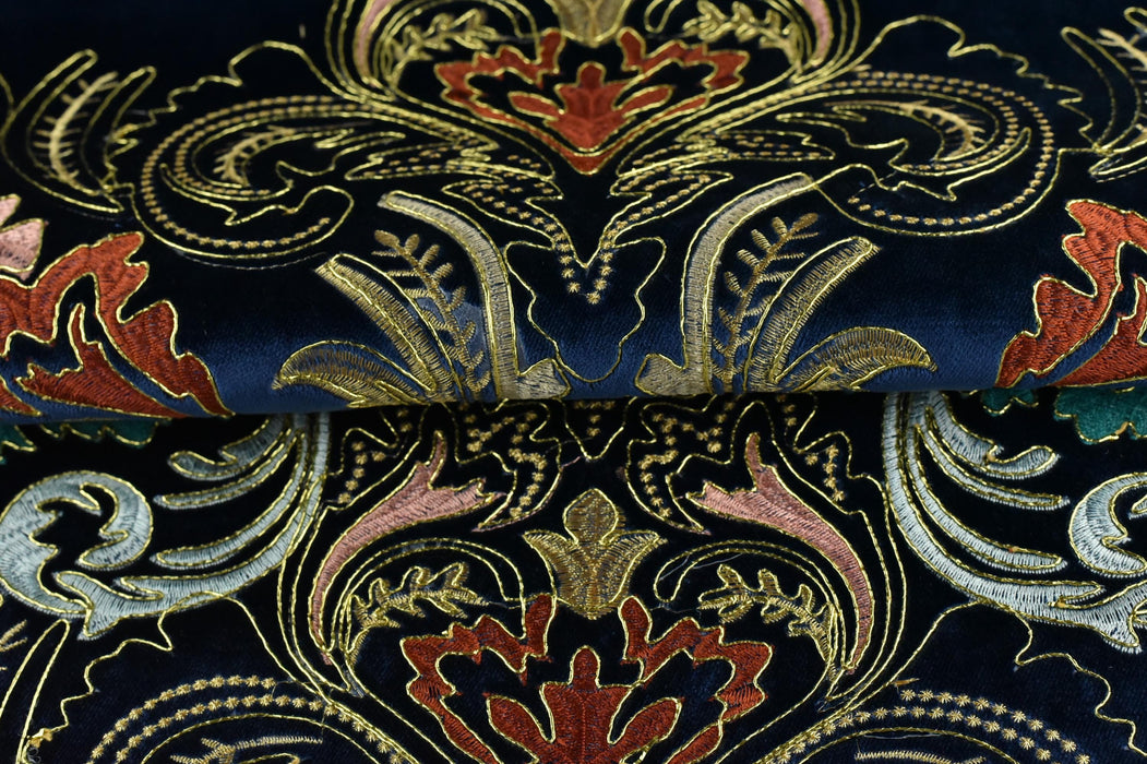 Clearance Sale!Heavy Weight Vintage Gold Rust Teal Damask Floral Embroidered Navy Cut Velvet Upholstery Fabric|Luxury Fabric For Furniture