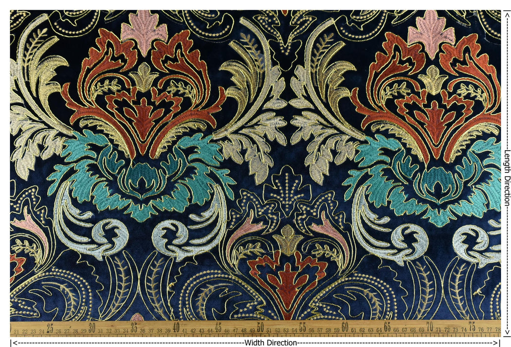 Clearance Sale!Heavy Weight Vintage Gold Rust Teal Damask Floral Embroidered Navy Cut Velvet Upholstery Fabric|Luxury Fabric For Furniture
