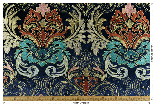 Clearance Sale!Heavy Weight Vintage Gold Rust Teal Damask Floral Embroidered Navy Cut Velvet Upholstery Fabric|Luxury Fabric For Furniture
