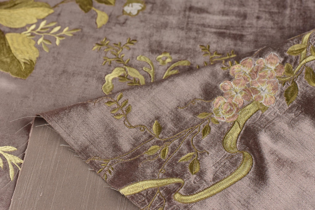 Clearance Sale!Heavy Weight Vintage Pink Cream Rose Floral Embroidered Mauve Cut Velvet Upholstery Fabric|Luxury Fabric For Furniture